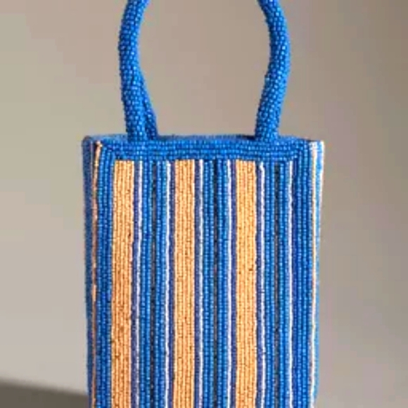 Nwt Anthropologie Beaded Mini Tote Blue‎ Motif Tan Striped - Picture 1 of 6
